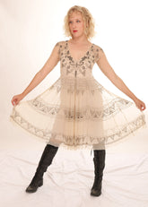 Biya Sheer Nude Netted Heavily Beaded and Embroidered Fit and Flare Boho-Chic Dress